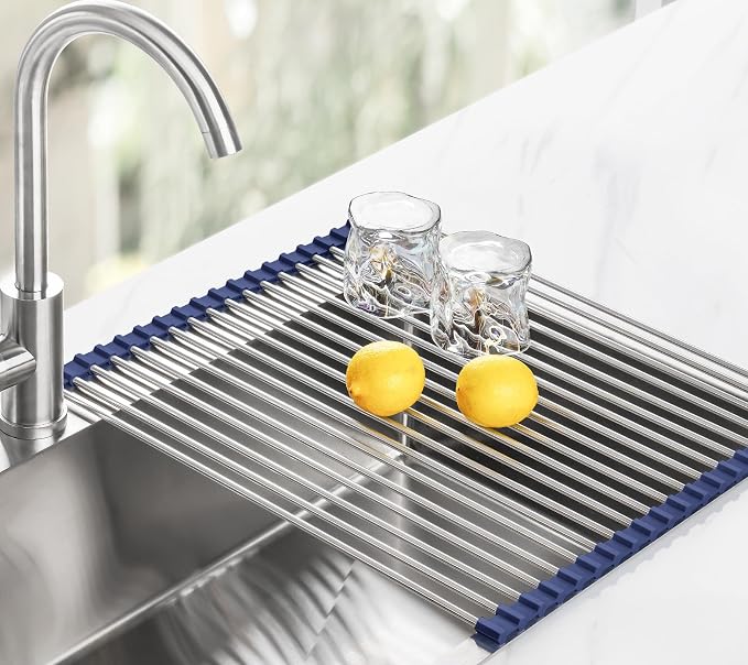 Tomorotec Roll Up Dish Drying Rack Over Sink, 304 Steel, 17.7x15.5, Indigo | Anti-Slip Silicone Rims For Grip, Heat-Resistant Trivet Mat Holding Heavy Cookware, Rustproof Kitchen Counter Space Saver - Image 9