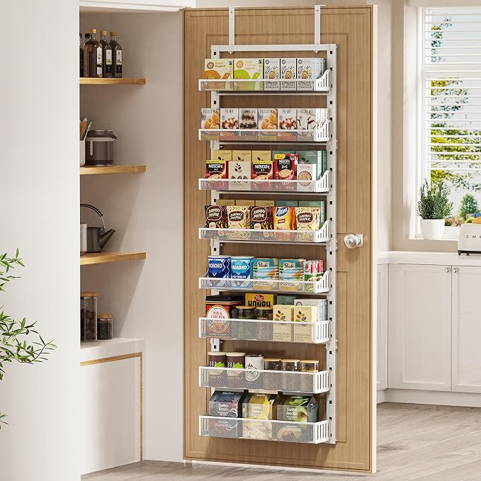POKIPO Over the Door Pantry Organizer 8-Tier, Large Metal Door Spice Rack with Adjustable Basket, 2 in 1 Wall Mount or Hanging Heavy-Duty Pantry Door Storage Shelf for Kitchen and Bathroom, White - Image 2
