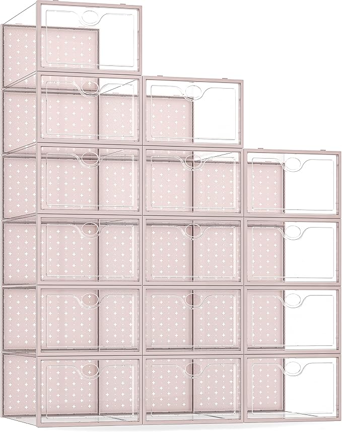 15 Pack X-Large Shoe Storage Boxes, Shoe Organizer Clear Stackable | Fit US Size 11, 6.2” Height, Shoe Dispaly Case Holder Bins Sneaker Storage for Sneakerheads, For Home and Family, Pink by Pinkpum
