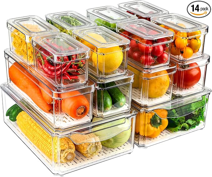 14 Pack Fridge Organizers and Storage - Refrigerator Organizer Bins with Lids, BPA-Free Fridge Organization, Fruit Storage Containers for Fridge, Vegetable, Food, Drinks, Cereals, Clear | with Lids, BPA-Free Fridge Organization, Fruit Storage Container... by NISILIN