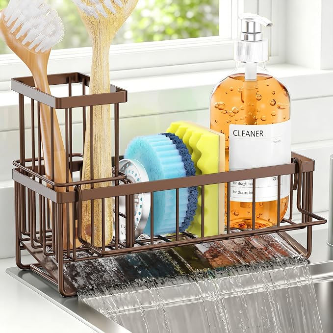 Sponge Holder for Kitchen Sink, Kitchen Sink Caddy, Kitchen Sink Sponge Holder, Dish Sponge Holder, Kitchen Sink Organizer for Sponge, Dish Brush, Scrubber(9.65" x 3.74" x 6.3", Brown) by OERPHO