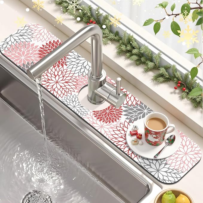 Findosom 2PCS 12" x 20" Christmas Dish Drying Mat & 24" x 5.5" Sink Splash Guard, Super Absorbent & Cuttable Dish Mat Drying Kitchen Mat with Red Floral, Hide Stain Drying Mat for Kitchen Counter - Image 8