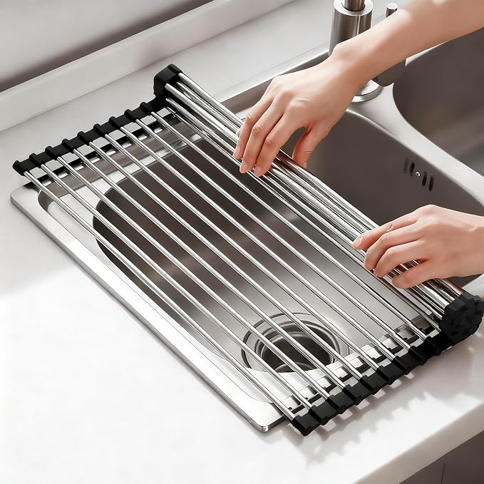 NEZUIBAN Dish Drying Rack with Roll Up and Over Sink for Kitchen,20.5"x13.8",Black by NEZUIBAN