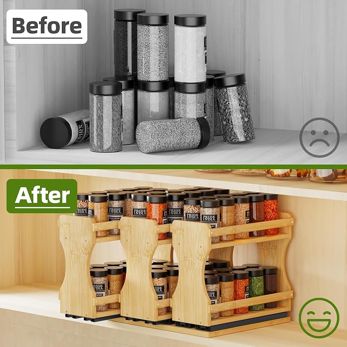 BAMEOS Pull Out Spice Rack Organizer for Cabinet, Bamboo Wide 13.9" Slide Out Seasoning Organizer for Kitchen, No Drill Anti-Tip Ball Bearing Silent Glides, Pantry Cabinet Organizer,Natural - Image 7