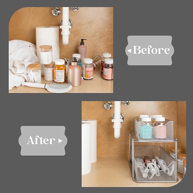 Sorbus 2 Tier Metal Under Sink Organizer for Bathroom, Kitchen, Strong Steel Mesh Sliding Drawers for Under Sink, Under Cabinet, Closet, Kitchen, Pantry, Bathroom Organizers and Storage (Silver) - Image 7