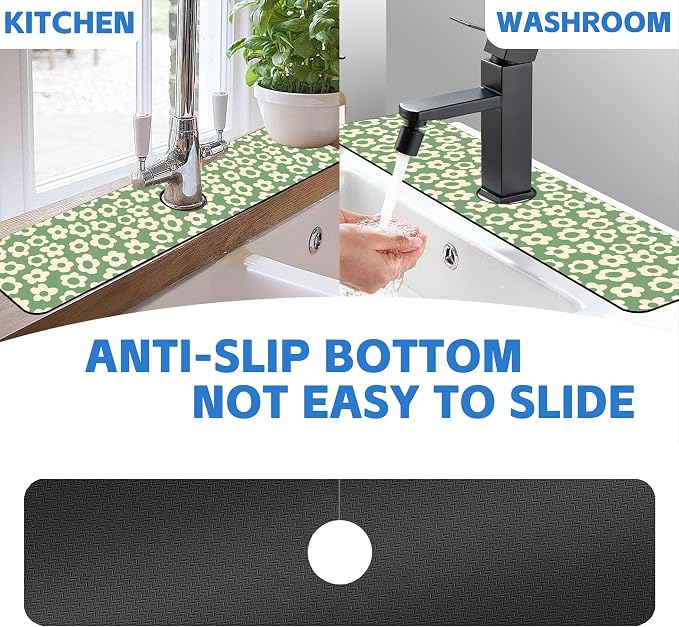 Faucet Mat for Kitchen Sink Vintage Groovy Flower Green Daisy Sink Splash Guard Behind Faucet Soft Diatom Mud Material Non-slip Easy to Clean for Bathroom & Kitchen 24"X5.5" - Image 7