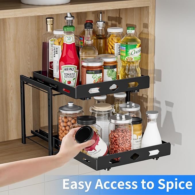 BOIVSHI Pull Out Spice Rack for Cabinet, 11.9''Wx10.8''Dx9.2''H | 2 Tier Kitchen Spice Shelf, Vertical Spice Organizer for Pantry, Height Adjustable, Individually Sliding Metal Shelves, Black - Image 3