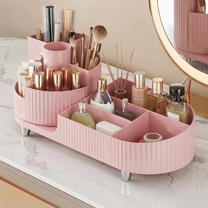 Booklov Rotating Makeup Organizer for Vanity Countertop, Pink | Plastic Cosmetic Display Case, Large Beauty Brush Holder for Bathroom Counter, Skin Care Perfumes Storage by Booklov