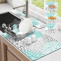 Findosom 2PCS 12" x 20" Dish Drying Mat & 24" x 5.5" Sink Splash Guard, Super Absorbent & Cuttable Dish Mat Drying Kitchen Mat with Teal Floral, Hide Stain Drying Mat for Kitchen Counter by Findosom