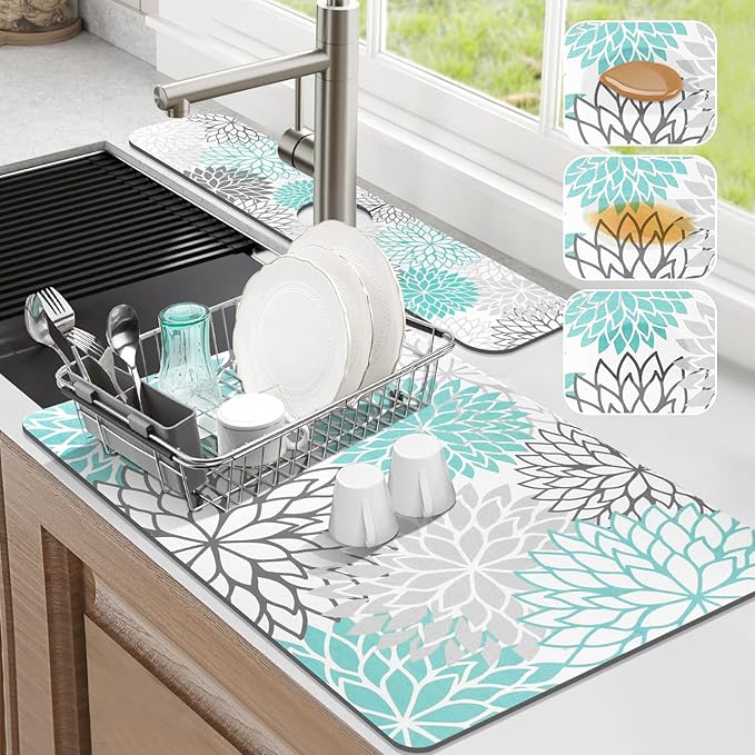 Findosom 2PCS 12" x 20" Dish Drying Mat & 24" x 5.5" Sink Splash Guard, Super Absorbent & Cuttable Dish Mat Drying Kitchen Mat with Teal Floral, Hide Stain Drying Mat for Kitchen Counter by Findosom