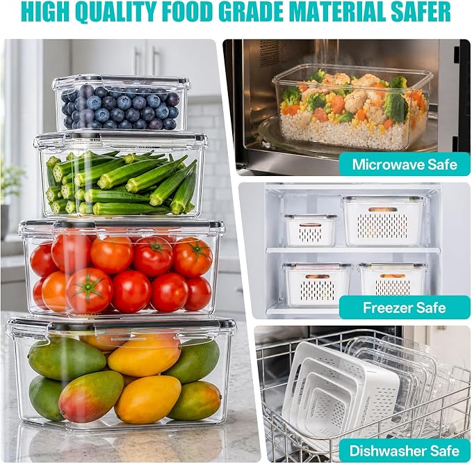 HOMETALL 4 Pack Fruit Storage Containers for Fridge Set, Produce Containers for Fridge with Strainer, Plastic Reusable Fridge Organizers and Storage for Berry Salad Lettuce, Size 3.4, 1.8, 0.9, 0.4QT - Image 6