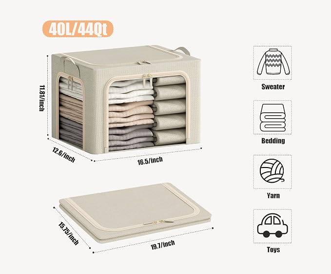3 Openings Clothes Storage Bins with Metal Frame, Foldable Storage Bin for Clothes, Clothing Storage Bins with Lid, Linen Storage Box With Clear Window＆ Zippers＆ Durable Handles.(3 Pcs ,Beige,40L) - Image 6
