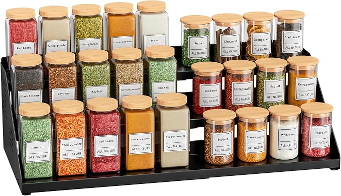 BOIVSHI 3 Tier Spice Rack for Cabinet, Adjustable Shelf, Black | Expandable Width 13"-22" Spice Organizer for Countertop, Step Seasoning Holder Metal Display Shelf for Jars, Pantry Storage by BOIVSHI
