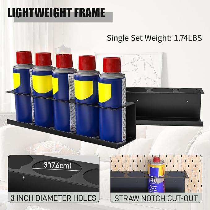 Riciakik 6 Pack Spray Bottle Holder Wall-Mounted, Aerosol Spray Can Holder Storage Rack, Heavy-Duty Paint Bottle Organizer with 30 Holes, Steel Black Spray Rack for Garage, Shop, Home or Tool Trailer - Image 6