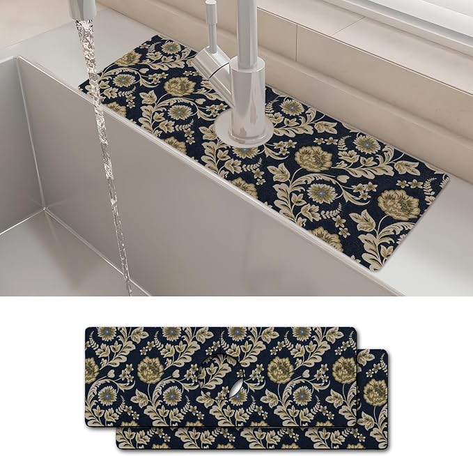 2PCS 15" X 5.5" Kitchen Sink Splash Guard Faucet Mat Floral Flower Super Absorbent Fast Drying Faucet Guard & Draining Mat Sink Splash Guard Behind Faucet for Kitchen, Bathroom by Unknown