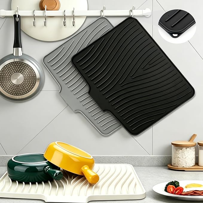 Silicone Dish Drying Mat,19.7"*17"Dish Drying Pad ,Kitchen Accessories,with Built-In and Non-Slip Drain,Easy Clean, Fit for Kitchen, Bar, RV, Refrigerator and Drawer Liner, Off White - Image 3