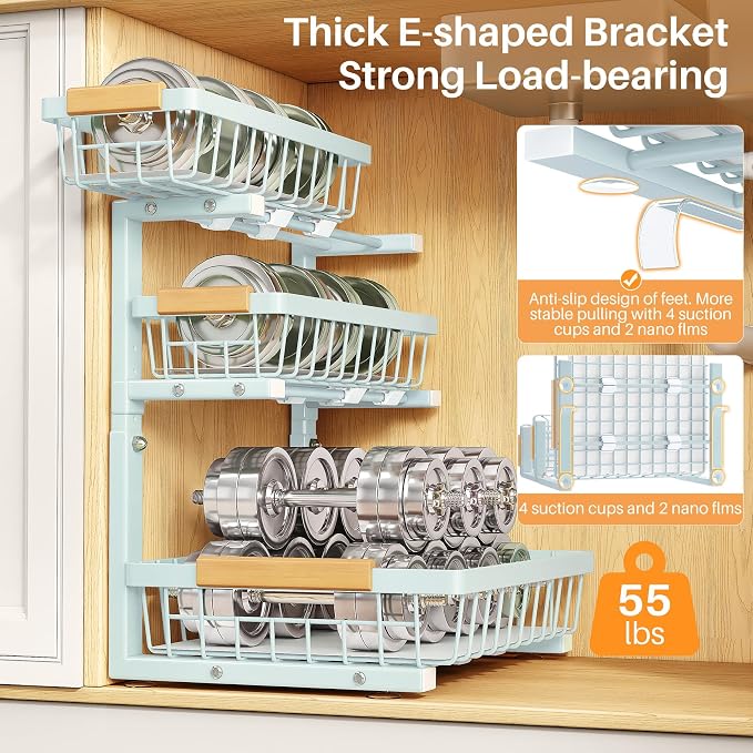PXRACK Under Sink Organizer, 1-Pack 3-Tier Height Adjustable Thickened Metal Pull out Cabinet Organizer Shelf, Slide out Storage Drawer Rack for Bathroom Kitchen Pantry Home Organization, LightBlue - Image 6