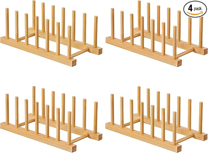 HBlife 4pcs Bamboo Dish Plate Bowl Cup Book Pot Lid Cutting Board Drying Rack Stand Drainer Storage Holder Organizer Kitchen Cabinet（Keep Dry） by HBlife