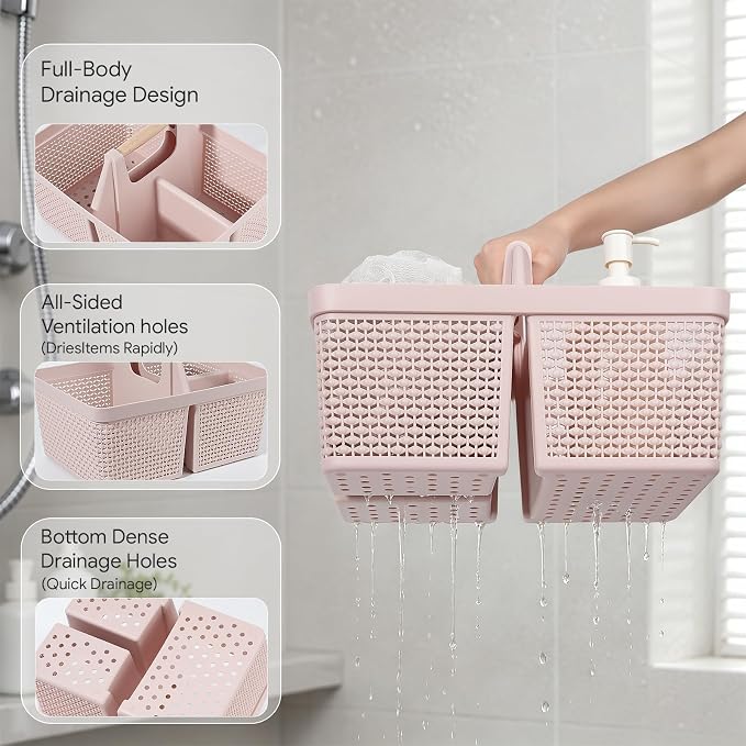 UUJOLY Portable Plastic Shower Caddy Basket with Wooden Handle, Pink | Divided Storage Organizer Tote for Bathroom, Dorm, College, Kitchen & RV – Lightweight, Easy-Carry Essentials Caddy - Image 3