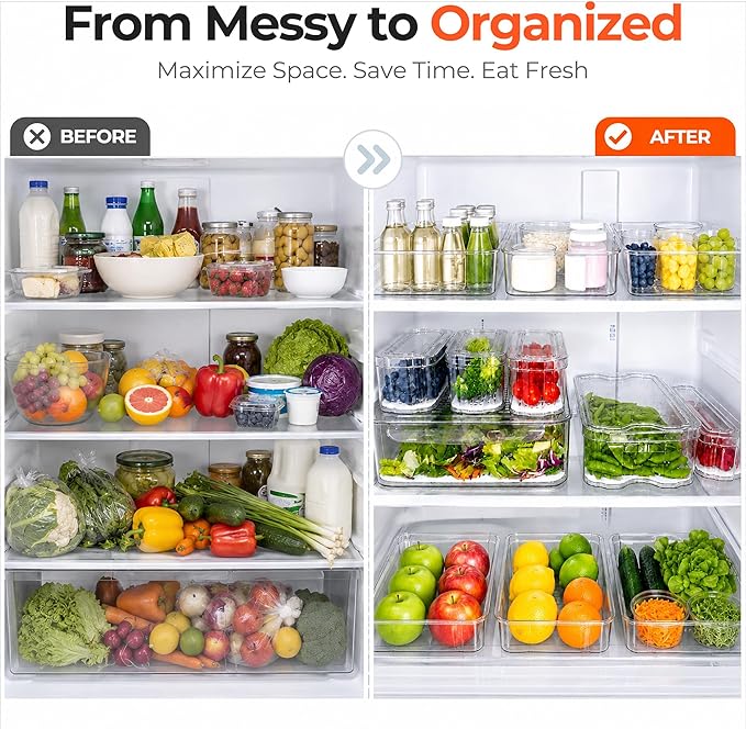 SMRCAD 8 Pack Clear Fridge Organizer Bins with Drain Trays - Stackable | BPA-Free PET, 8 Pack: 1 Drawer + 7 lidded Bins, Helps Keep Produce Fresh, 18.3L Capacity, Hand Wash Only - Image 8