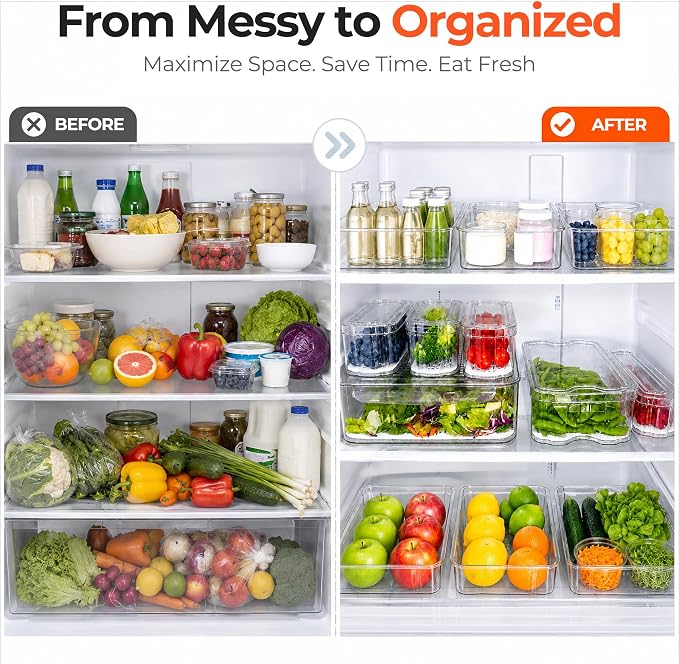 SMRCAD Clear Fridge Bins with Drain Trays - BPA-Free PET, Stackable(8 Pack) | 8 Pack: 1 Drawer + 7 lidded Bins, Helps Keep Produce Fresh, 18.3L Capacity, Hand Wash Only - Image 7