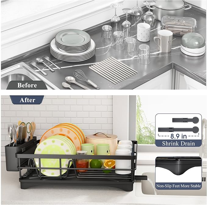SAYZH Dish Drying Rack for Kitchen Counter with Utensil Holder, Black | Stainless Steel, Large Capacity, Angled Drainboard, Rotating Spout, Removable to Clean - Image 6