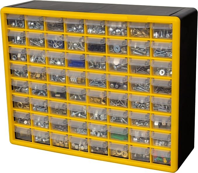 Akro-Mils 64-Drawer Plastic Drawer Storage Cabinet for Garage Organization, Bead Organizer, Building Bricks Storage, Teacher Toolbox, Makeup Organizer, 20-Inch W x 6-Inch D x 16-Inch H, 10164 Yellow - Image 4