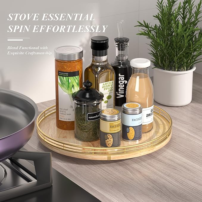 AMH 13-Inch Farmhouse Oak Lazy Susan Cabinet Organizer | Smooth rotating oak tray with walnut finish for dining tables, kitchen counters, pantries and cabinet storage. - Image 3