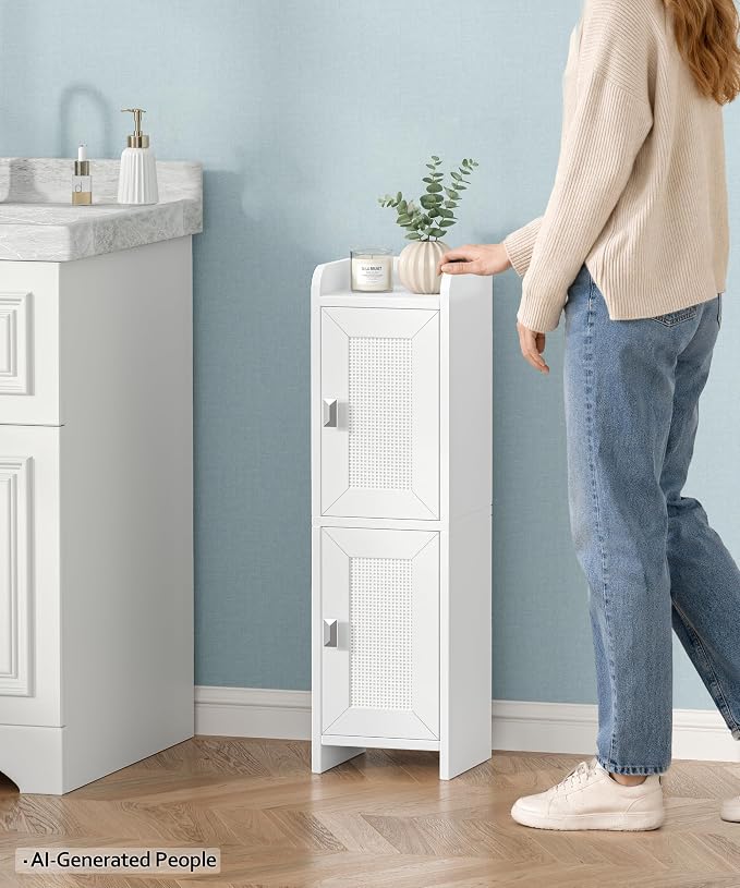 Akxomel Rattan Small Bathroom Cabinet Narrow Toilet Paper Organizer White | 7.9''D x 7.9''W Bathroom Organizer and Storage Cabinet for Small Space, Slim Corner Unit with Adjustable Shelf - Image 4