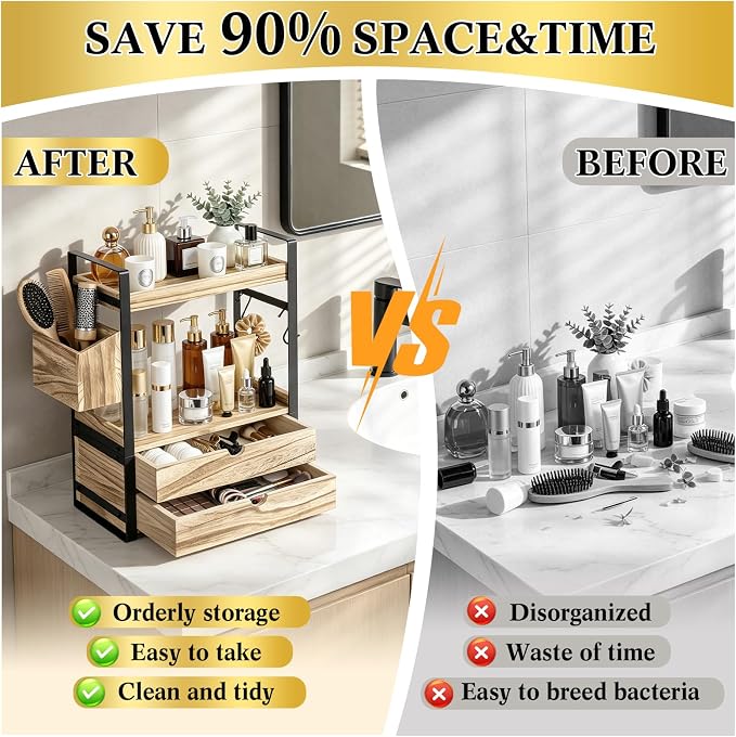 2-Tier Bathroom Counter Organizer with 2 Drawers, Basket and Hooks, Wood Bathroom Organizers and Storage for Countertop, Farmhouse Bathroom Countertop Organizer for Vanity, Kitchen, Coffee Bar, Office - Image 6