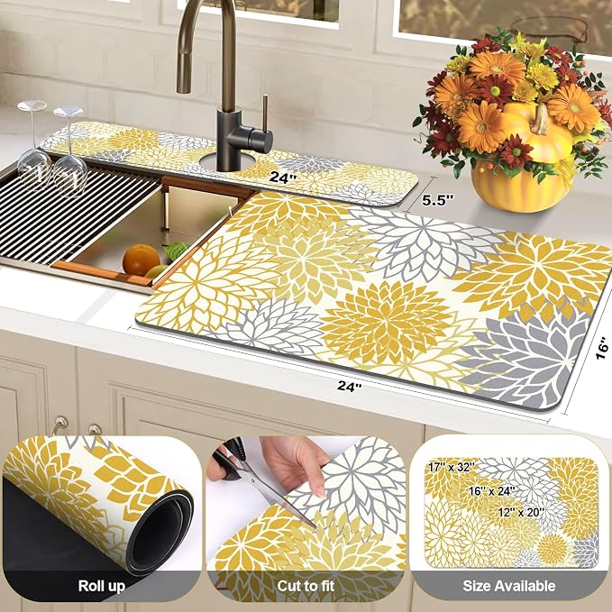 Findosom 2PCS 16" x 24" Fall Dish Drying Mat & 24" x 5.5" Sink Splash Guard, Super Absorbent & Cuttable Dish Mat Drying Kitchen Mat with Yellow Floral, Hide Stain Drying Mat for Kitchen Counter - Image 2