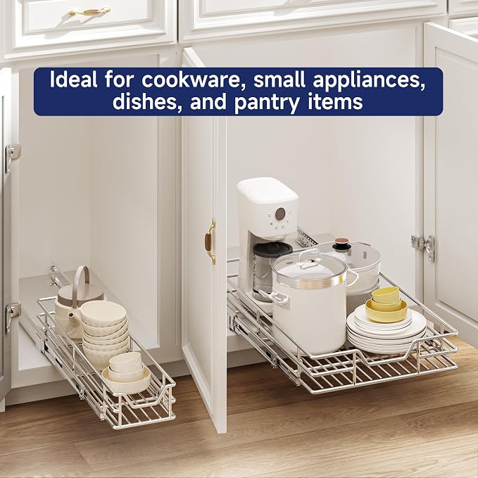 Pull Out Cabinet Organizer, 13.5" W x 18" D, Heavy Duty Chrome Slide Out Shelf for Base Cabinets, Sliding Wire Basket Drawer for Pantry Items, Bowls, Containers & Cleaning Supplies - Image 6