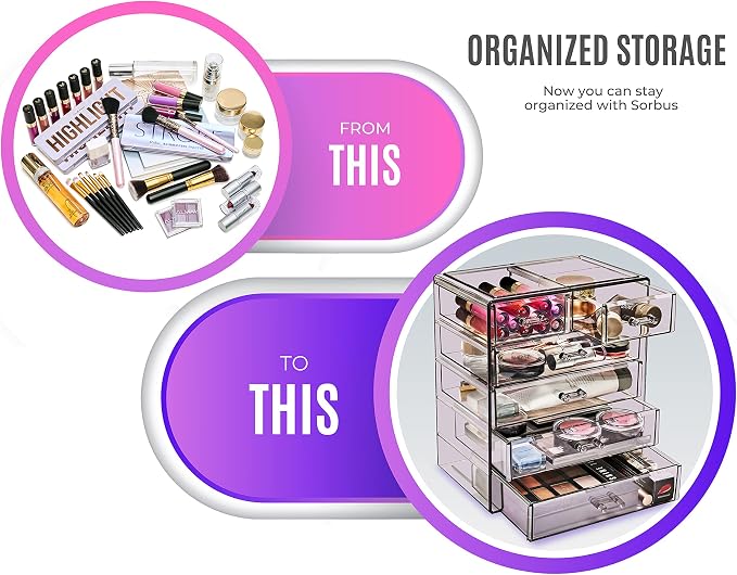 Sorbus Acrylic Makeup Organizer Set, 6-Drawer Vanity & Countertop Cosmetic Storage with Small & Wide Drawers, Purple Makeup Storage for Brushes, Lipsticks, Jewelry – Holiday Gift for Women & Teens - Image 4