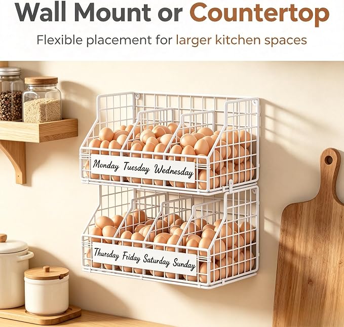 Egg Holder Countertop, Large 2T Chicken Egg Basket for Gathering Fresh Eggs | Egg Storage Organizer with Adjustable 5 Divider & Label, Stackable Wall Mounted Egg Collecting Basket Rack, XXL White - Image 4