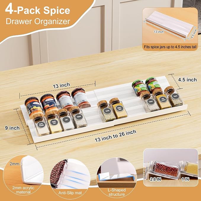 Spice Drawer Organizer 4 Tier, Adjustable Kitchen Seasoning Rack Tray | Expandable from 13" to 26", with Anti-Slip Mat, Acrylic Spice Organization Cabinet Countertop (Jars Not Included)-White - Image 2
