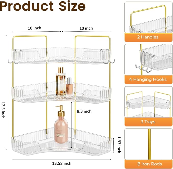 Corner Bathroom Counter Organizer 3-Tier Bathroom Organizer | Storage Countertop with Hooks Perfume Organizers Storage Shelf for Makeup & Skincare Dresser-Clear - Image 2