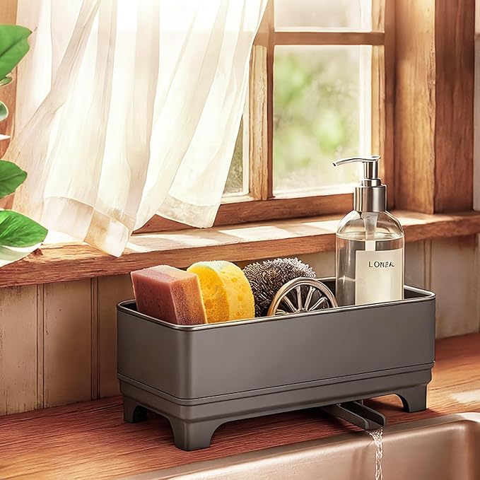 MOUKABAL Sponge Holder for Kitchen Sink, Rustproof Stainless Steel Grey | Large Capacity/360° Rotating Drain Keeps Counter Dry/Holds Sponges & Soap Bottle/Easy-Clean Removable Tray by MOUKABALGREATHELPER