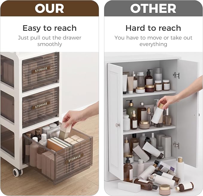 Bathroom Storage with Drawers, 9.8" Wide Slim Cabinet with Wheels | Freestanding Narrow Cupboard, Small Cart for Small Space Kitchen Office Bedroom Under Desk, 29.5" Tall, 3-Drawer, Gray - Image 9