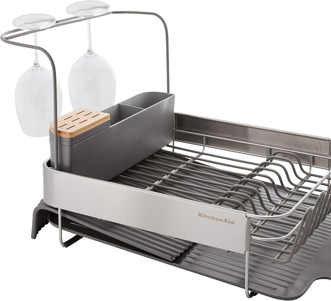 KitchenAid Compact to Full Size Expandable, Rust Resistant Satin Coated Dish Rack with Angled Self Draining Drain Board and Removable Flatware Caddy, 24-Inch, Charcoal - Image 5
