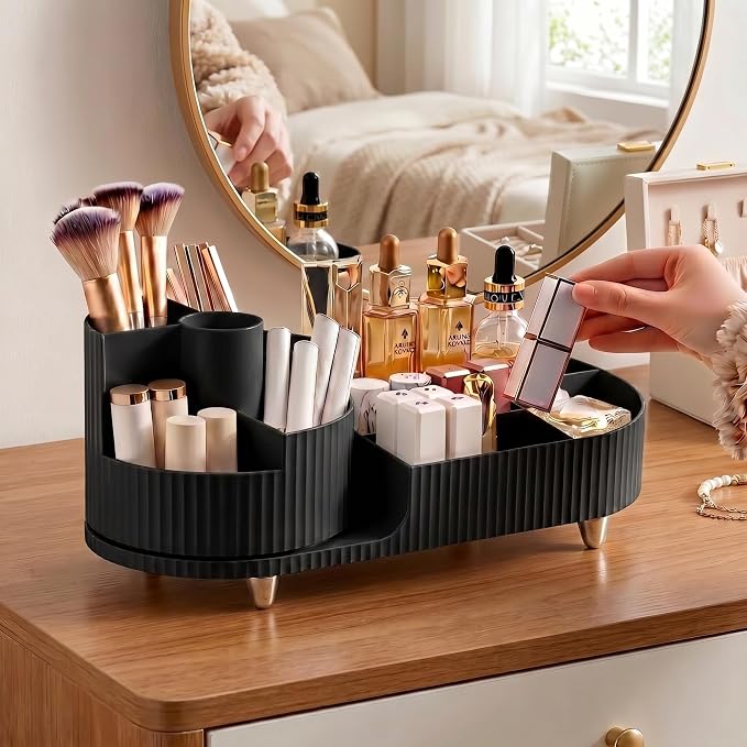 Booklov Rotating Makeup Organizer for Vanity Countertop, Black | Plastic Cosmetic Display Case, Large Beauty Brush Holder for Bathroom Counter, Skin Care Perfumes Storage - Image 4