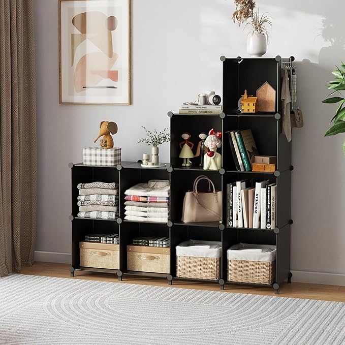 AWTATOS 12 Cube Storage Organizer, Closet Organizer Storage Shelves, Black | Portable Closet, DIY Stackable Storage Cubes Shelve, Plastic Clothes Organizer Shelving for Home, Bedroom - Image 5