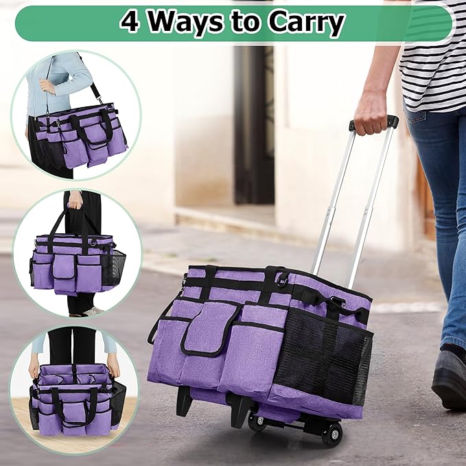 LoDrid Professional Rolling Cleaning Bag with Detachable Trolley, Purple | Portable Cleaning Cart with Shoulder Strap for Housekeepers, Patent Design - Image 4