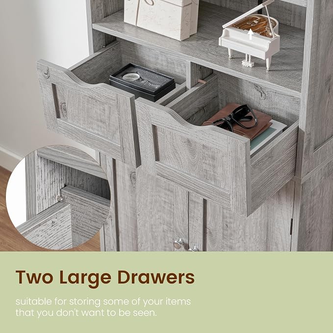 Iwell Storage Cabinet with 2 Drawers & Adjustable Shelf, Tall Bathroom Cabinet with Doors, Cupboard, Kitchen Cabinets for Living Room, Dining Room, Entryway, Grey - Image 7