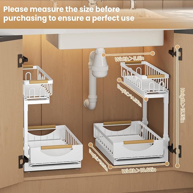 Under Sink Organizer and Storage for Bathroom and Kitchen - 2 Pack 2 Tier | Cabinet Pull Out Shelf Organizers - Slide Out Drawer Organization for Home Cabinets Shelves and Drawers - Image 7