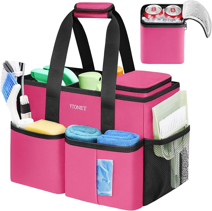 Ytonet Portable Cleaning Caddy with Handle, Water Resistant Cleaning Bag | with Handle & Foldable Divider for Cleaners, Housekeeping Tote for Kitchen & Bathroom, Car Tool Caddy Organizer Bag, Rosered by YTONET