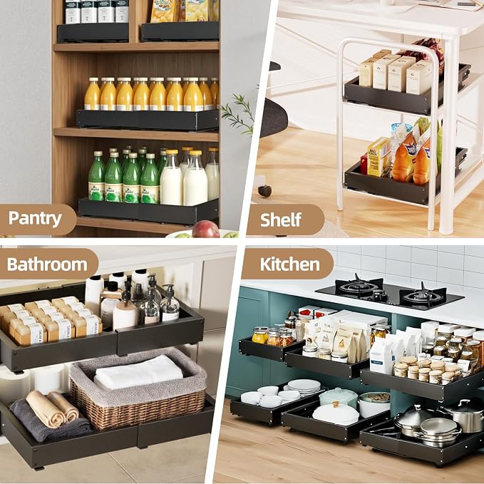 2 Pack Expandable Pull Out Cabinet Organizer, Width (12"-19" ) & Depth (16.5"-22")No Drill Adjustable Cabinet Pull Out Shelves for Kitchen,Pantry, Adhesive Roll Out Shelves for Kitchen Cabinets-Black - Image 6