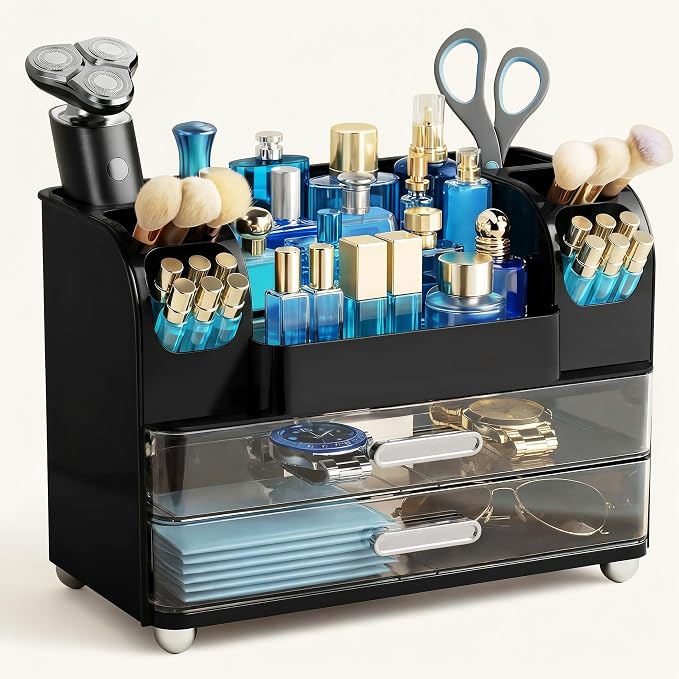 HBlife Makeup Organizer for Vanity with Brush Holder, Cologne Organizer for Men, Large Bathroom Countertop Cosmetic Organizer Skin Care Storage, Easy to Store Lipsticks, Nail Polishes, Perfumes, Black by HBlife