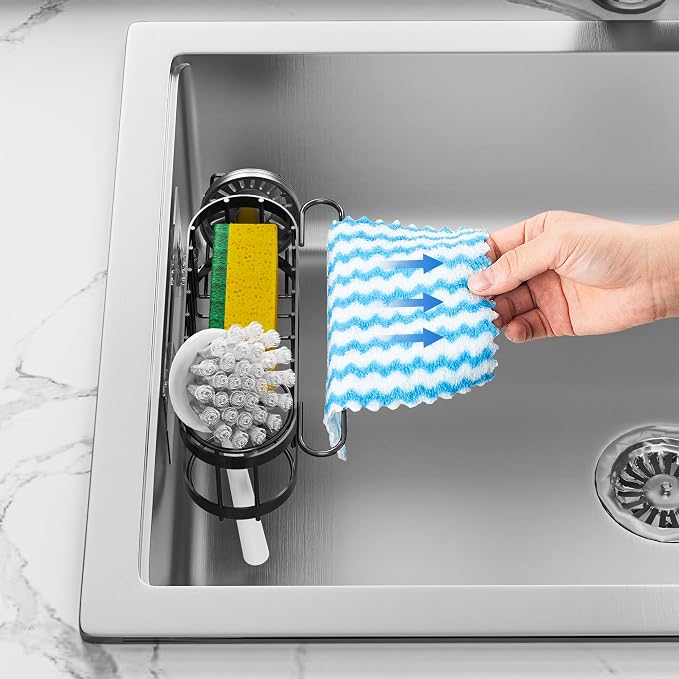 Cisily Kitchen Sink Caddy Sponge Holder in The Sink, Stainless Steel Kitchen Sink Organizer, Brush Holder, Dish Cloth Hanger, Sink Stopper Holder (Hanging-Black) - Image 7