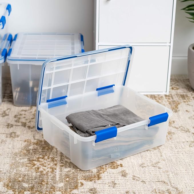 IRIS USA 4-Pack 26.5/44 Combo Qt Storage Bins with Gasket Lids, Clear/Blue | WeatherPro seal helps block dust and moisture Multiple sizes organize every room with confidence - Image 3