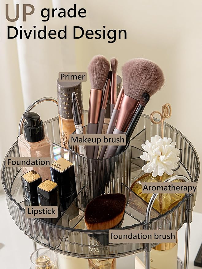 Asayuee 360 Rotating Makeup Organizer,2 Tier Large Capacity Make Up Organizers and Storage,Skincare Perfume Vanity Organizers,Bathroom Cosmetics Storage Organizer Countertop(Grey) - Image 2